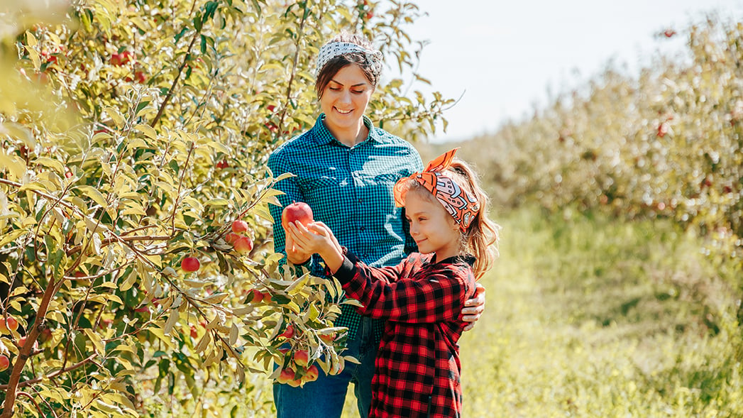 mother and daughter apple picking